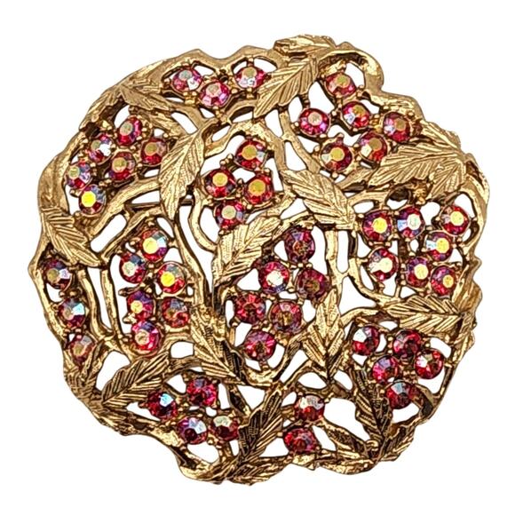 Sarah Coventry 1965 Aurora Brooch – Red AB Crystals, Gold Leaf - Picture 1 of 6